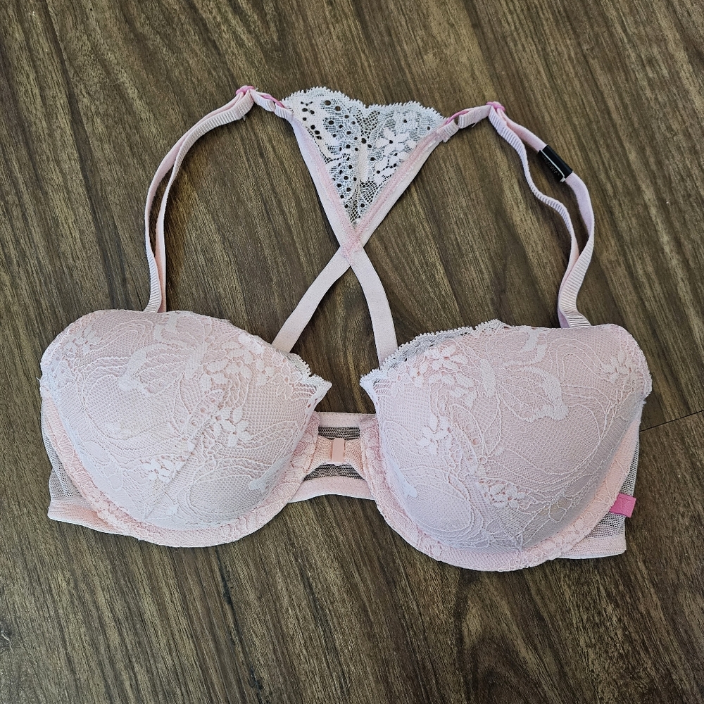 Victoria's Secret Pink Lace Lined Demi Front Closure Crossback Bra Size 32D